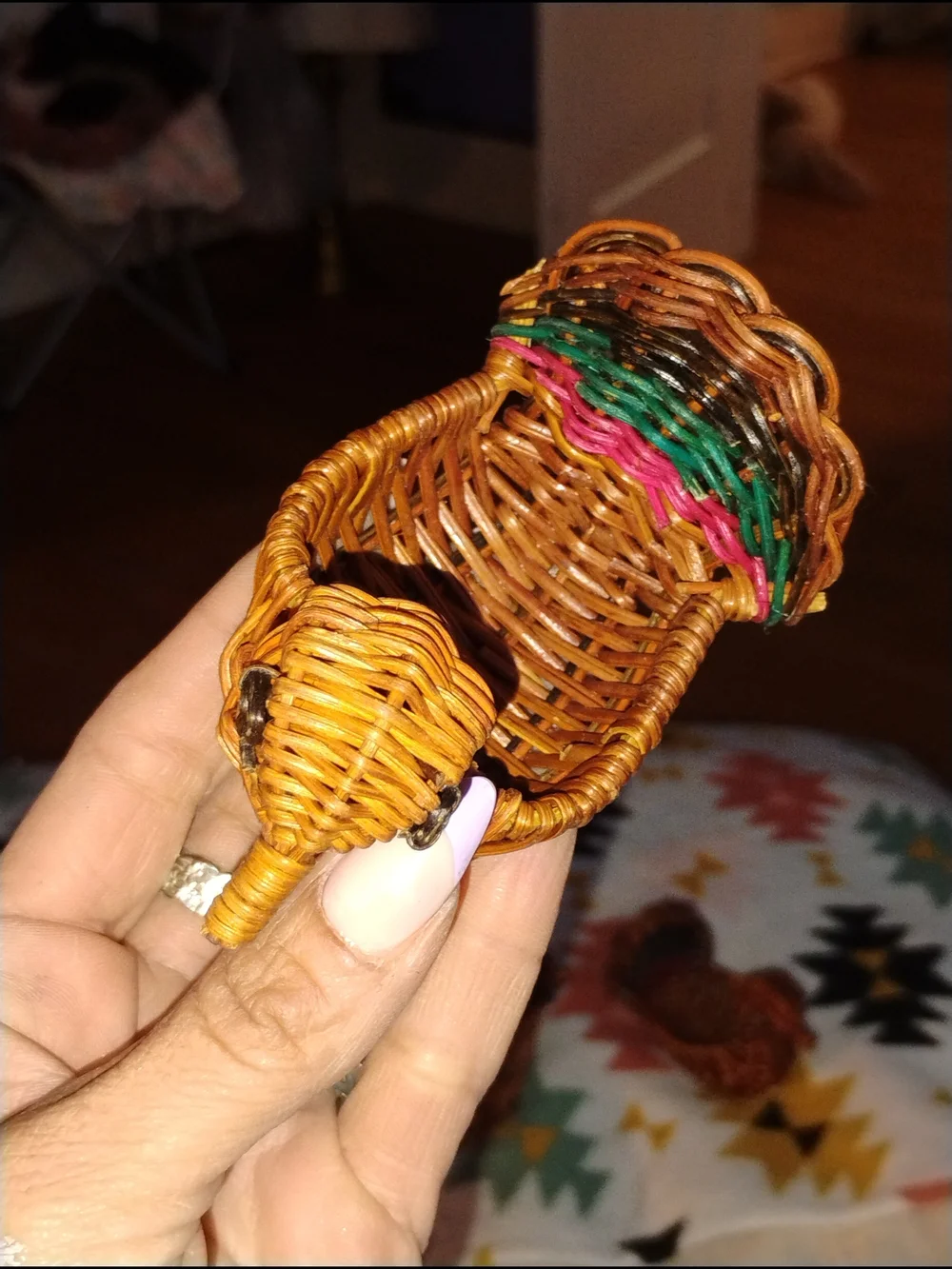 Set Of 4 Handwoven Brown Rattan Bird Toy with Colorful Tail Accent